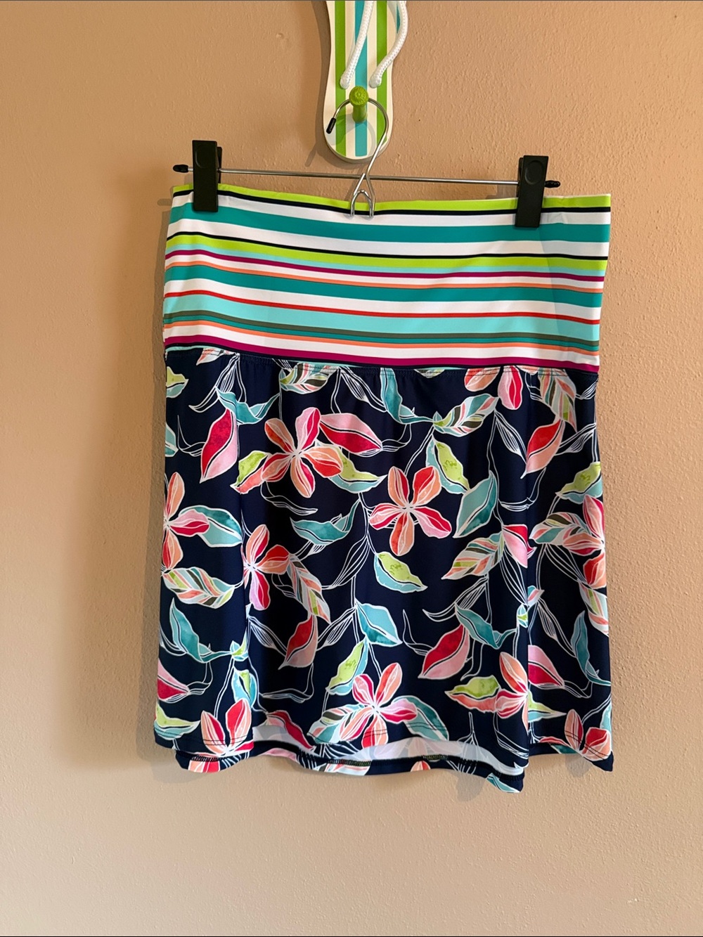Title Nine Navy Floral Swim Coverup Skirt with Multicolor Stripe Waist